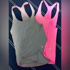 Bundle of 2 Lululemon Racerback Tank Tops Pink Gray Stripe Stretch Curved Hem